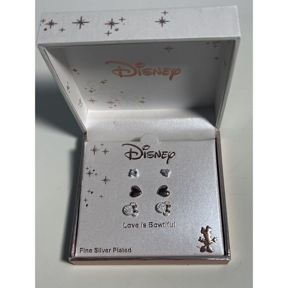 DISNEY Silver Plated Rose Gold MINNIE MOUSE 3 Pair EARRING Set "BOWTIFUL" NEW - Picture 1 of 3